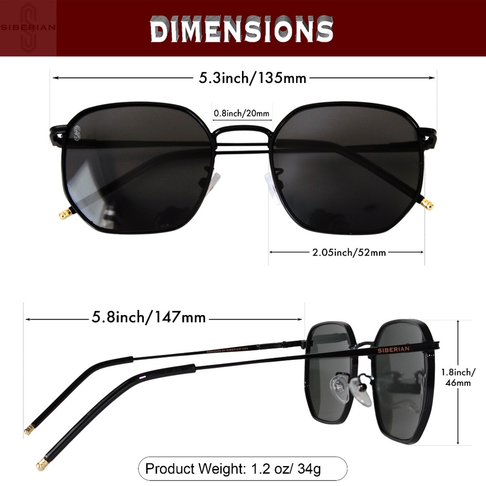 🇺🇸SIBERIAN 100% Real Glass Hexagonal BLACK Sunglasses Standard 52mm Men/Women - Picture 4 of 14